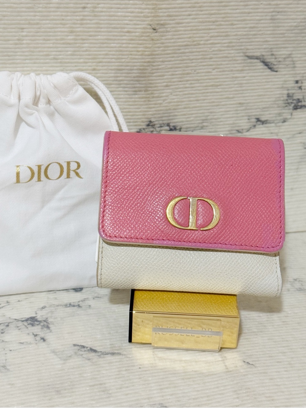 Christian Dior Leather Montaigne Lotus Tri-fold Compact Wallet Pink-White w/ COA
